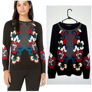 St. John Floral Sweater Mirrored Embroidered Floral Pattern Merino Wool Size P